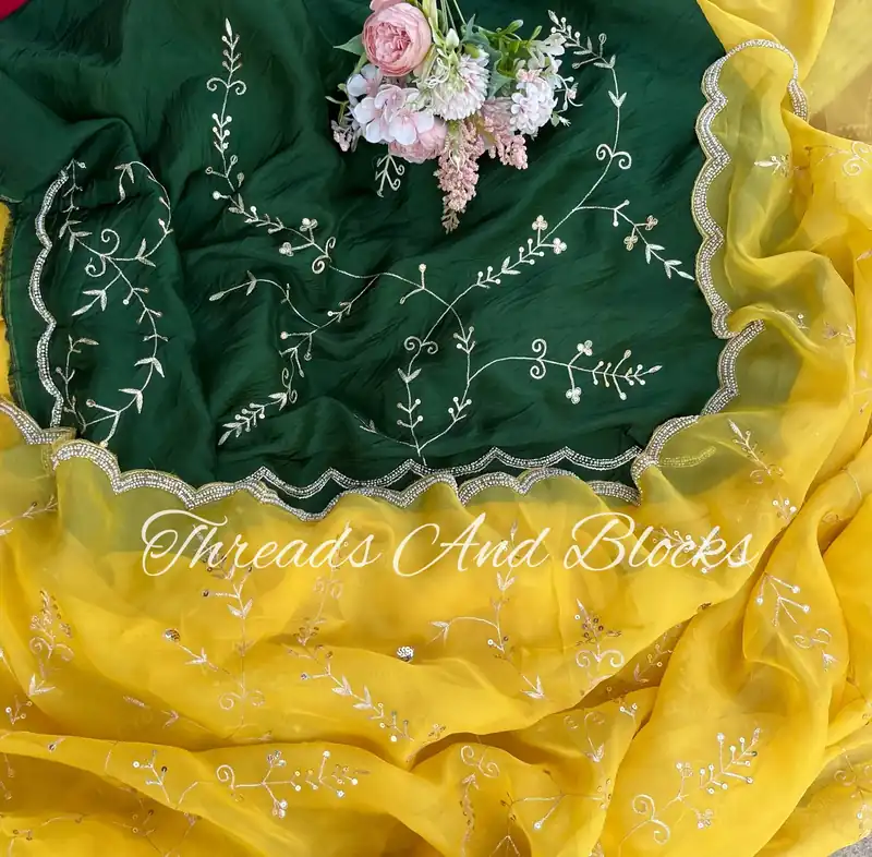 Yellow Jaal Saree with Green Blouse - Default Title