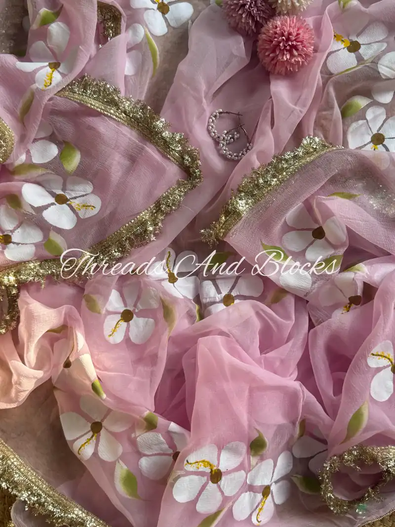 Baby Pink Hibiscus Saree - Default Title