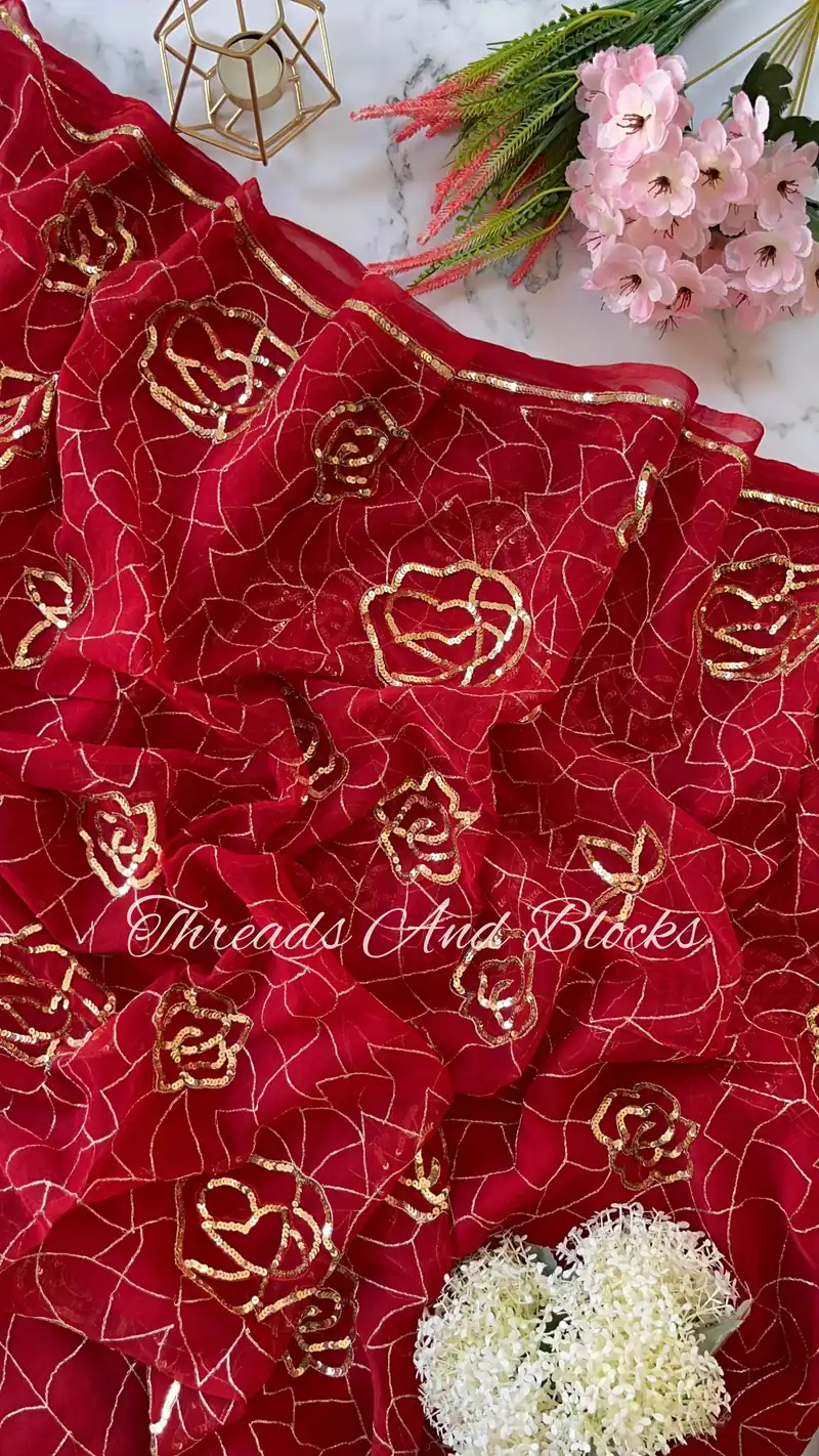 Rich Red Heavy Floral Jaal Saree - Default Title