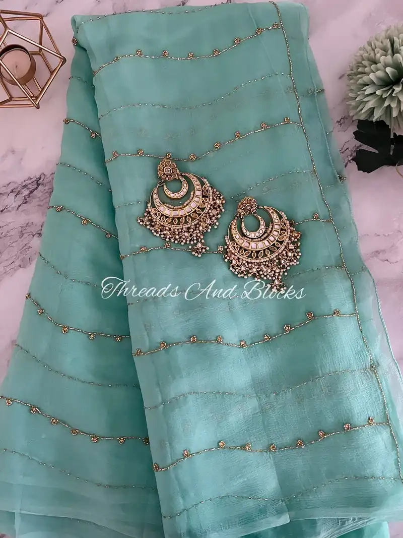 Sea Blue Stripe Jaal Saree - Default Title