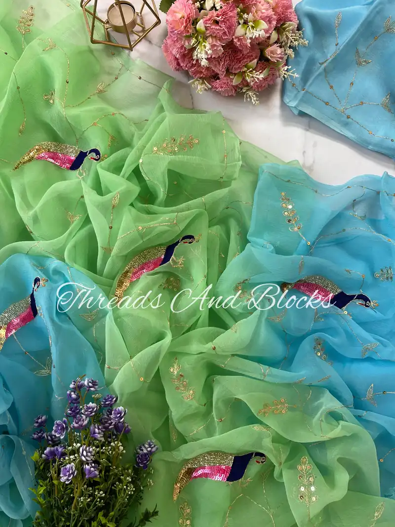 Shaded Blue Green Jaal with Peacocks - Default Title