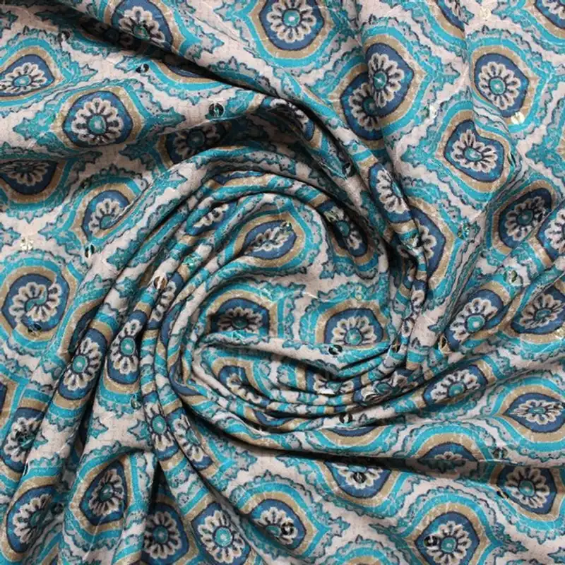 Teel Green & Off-white embroidered Trellis pattern print (RT-1181) - 1 MTR